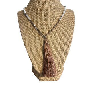 Kelitch Glass Bead Pearl Necklace Knotted 3.5" Tassel Rose Gold 34" Long Faceted